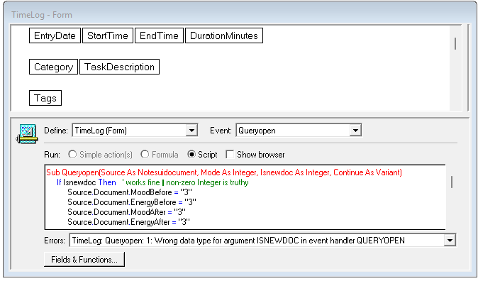 Screenshot of Notes designer with error